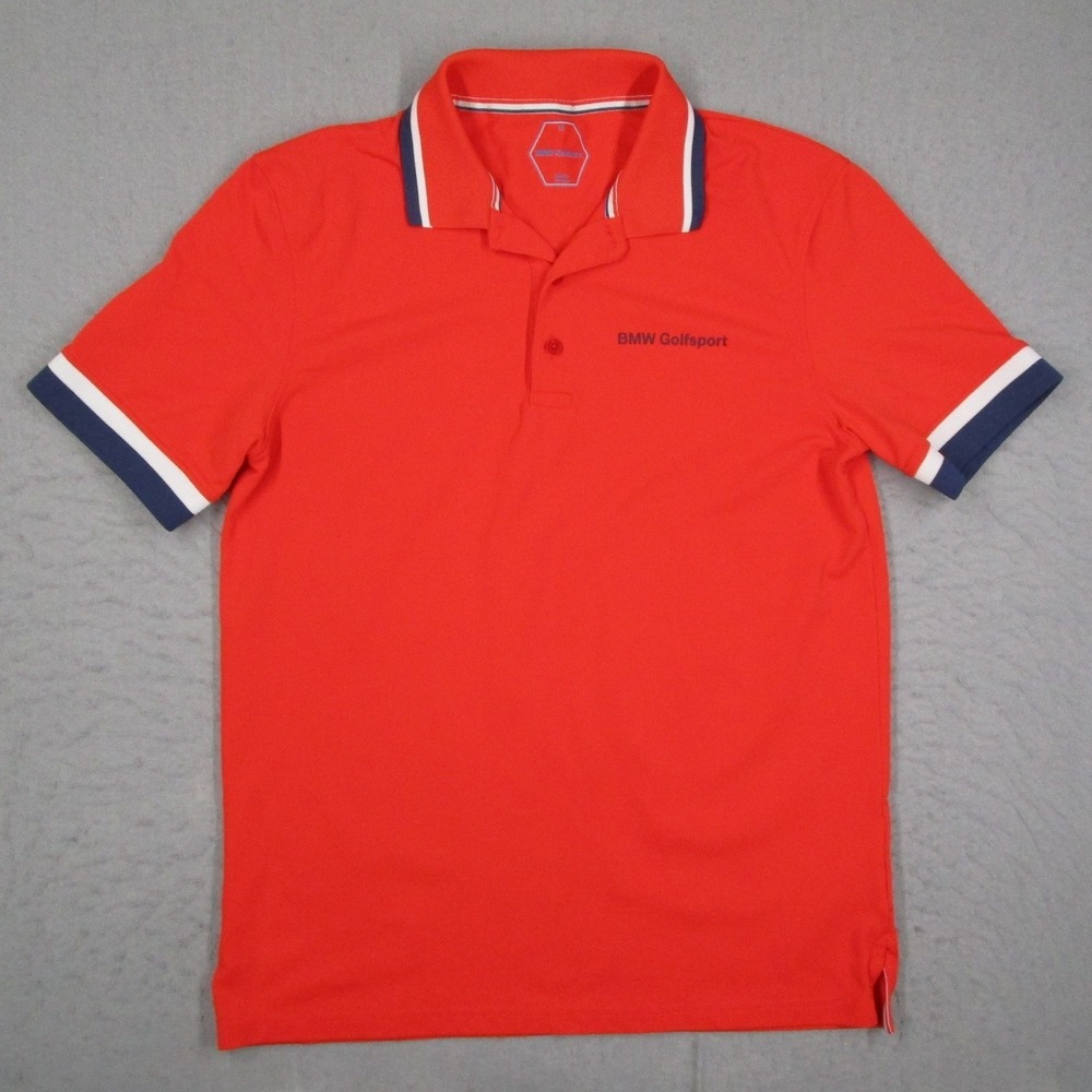 BMW Golfsport Mens Red Polyamide Pique Polo Shirt Medium Striped Trim Logo